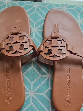 Tory Burch Cognac Leather Miller Logo Slide Sandals